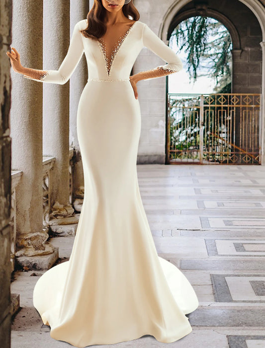 Formal Wedding Dresses Mermaid / Trumpet V Neck Long Sleeve Court Train Satin Bridal Gowns