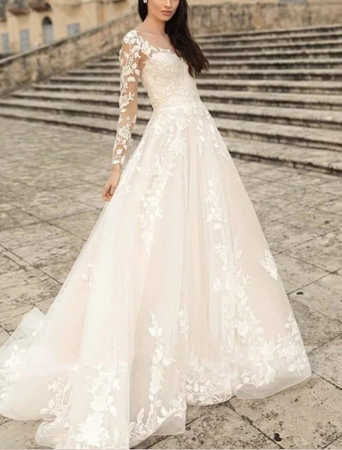 Beach Formal Wedding Dresses A-Line V Neck Long Sleeve Sweep / Brush Train Lace Bridal Gowns