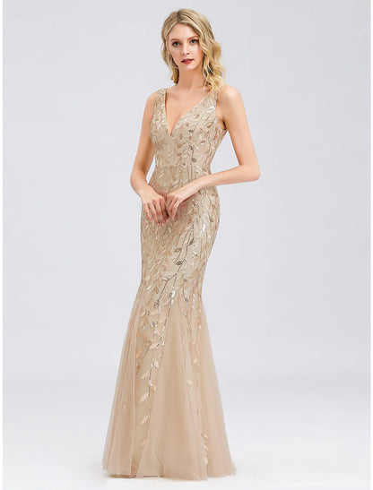 Evening Valentine's Day Dress V Neck V Back Sleeveless Floor Length Tulle with Sequin Appliques