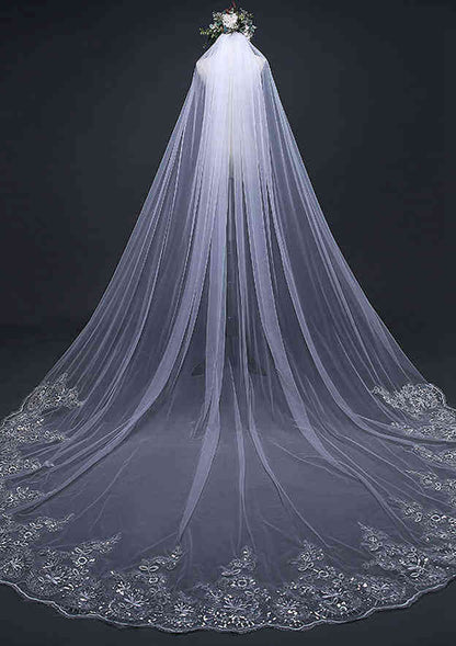 One-tier Cathedral Bridal Veils With Lace Sequin