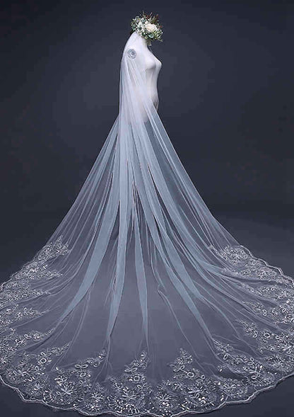 One-tier Cathedral Bridal Veils With Lace Sequin