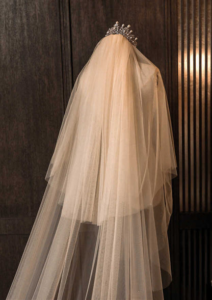 Two-tier Cathedral Bridal Veils With Applique Lace