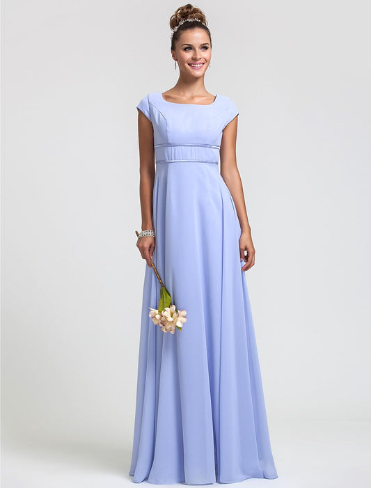 Weitese Sheath / Column Bridesmaid Dress Square Neck Short Sleeve Elegant Floor Length Chiffon with Sash / Ribbon / Pleats