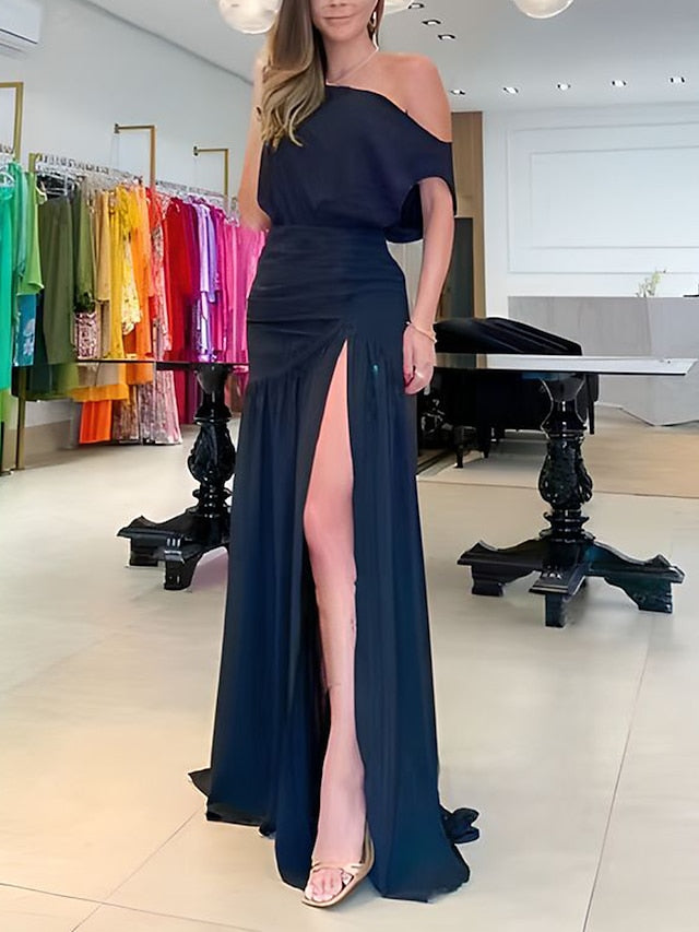 Women's Homecoming Dress Sheath Dress Formal Dress Long Dress Maxi Dress Colorful Black White Short Sleeve Pure Color Backless Summer Spring Off Shoulder Party Evening Party Slim