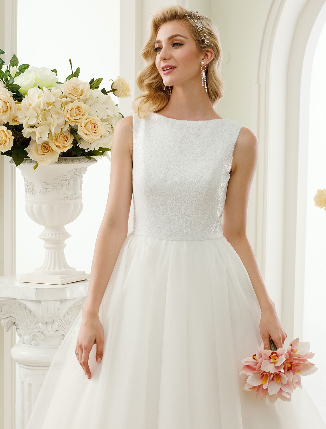 Weitese Reception Sparkle & Shine Little White Dresses Wedding Dresses A-Line Scoop Neck Sleeveless Tea Length Tulle Bridal Gowns With Lace Sequin