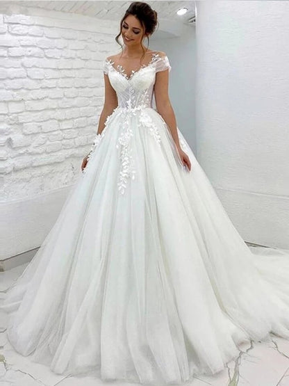 Tulle Lace Scoop Short Sleeves Sweep/Brush Train Wedding Dresses