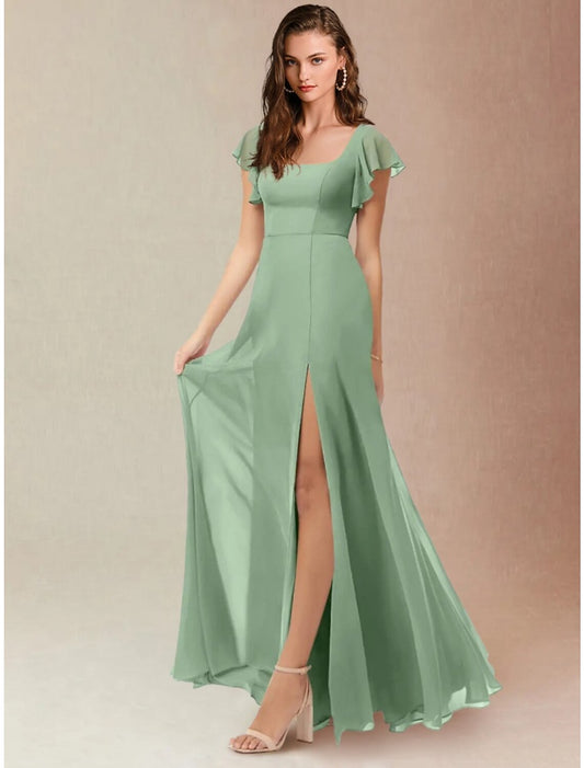 Weitese A-Line Bridesmaid Dress Square Neck Short Sleeve Elegant Floor Length Chiffon with Split Front / Ruching