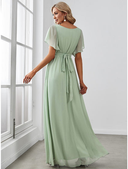 Weitese A-Line Bridesmaid Dress V Neck Short Sleeve Elegant Stretch Chiffon with Ruffles / Solid Color