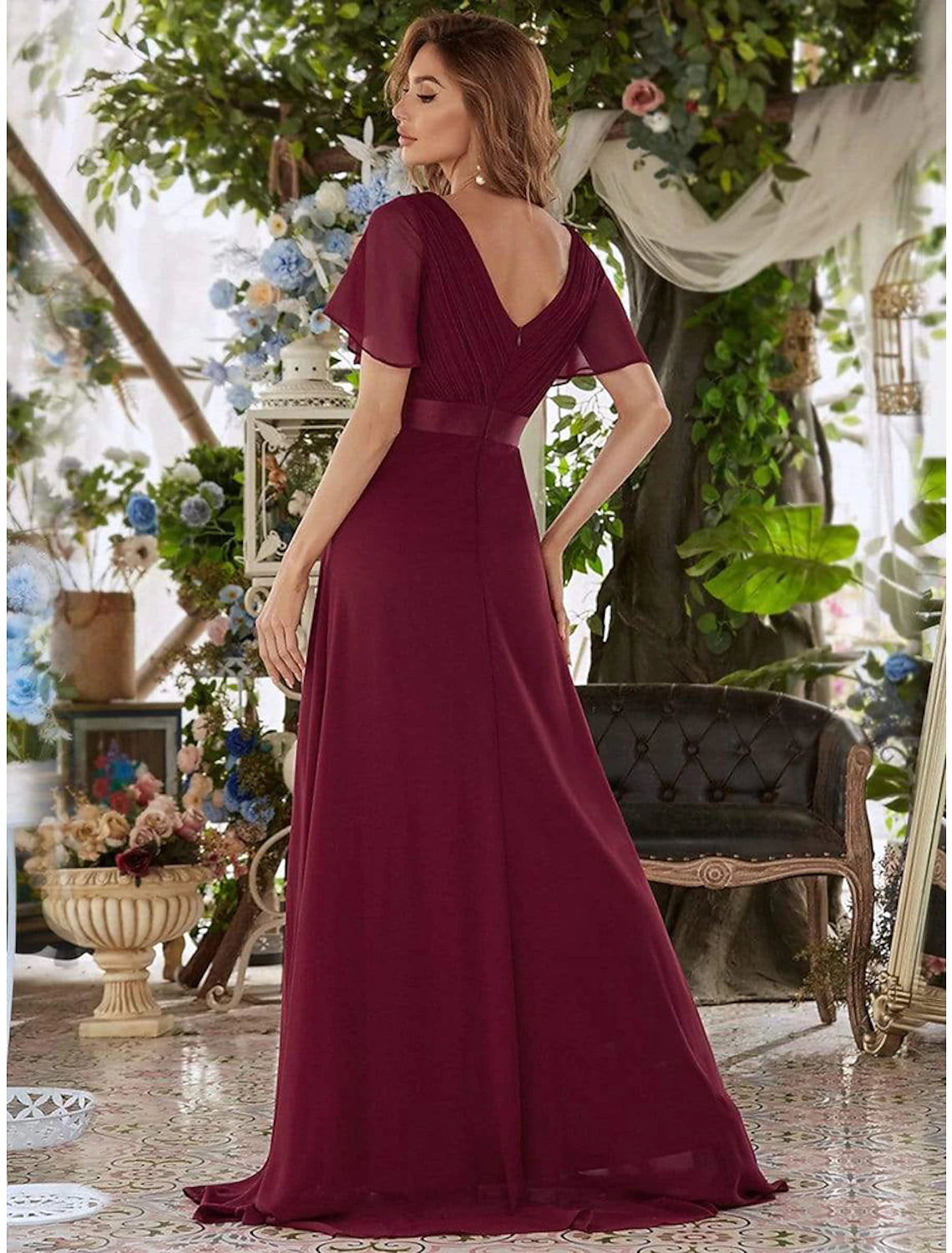 Weitese A-Line Evening Gown Party Dress Empire Dress Wedding Guest Formal Evening Floor Length Short Sleeve V Neck Bridesmaid Dress Chiffon V Back with Ruffles Pure Color