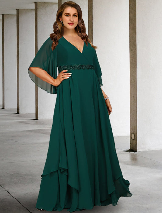 Weitese A-Line Mother of the Bride Dresses Plus Size Hide Belly Curve Elegant Dress Formal Sweep / Brush Train Half Sleeve V Neck Chiffon with Ruffles Strappy