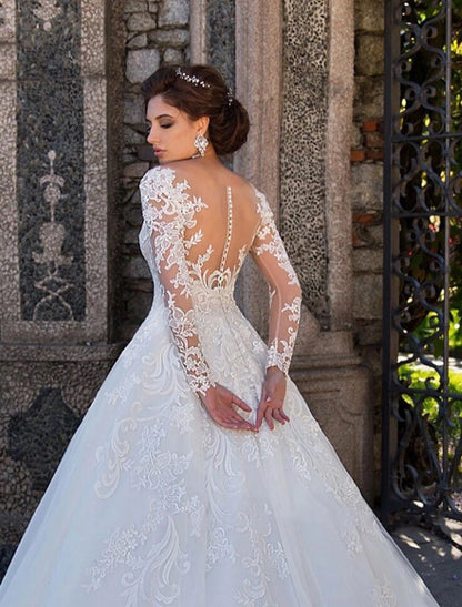 Weitese Engagement Formal Wedding Dresses Ball Gown Illusion Neck Long Sleeve Court Train Lace Bridal Gowns With Lace Appliques