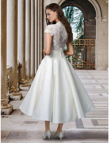 Weitese Hall Simple Wedding Dresses Wedding Dresses A-Line Scoop Neck Sleeveless Tea Length Satin Bridal Gowns With Pleats Solid Color