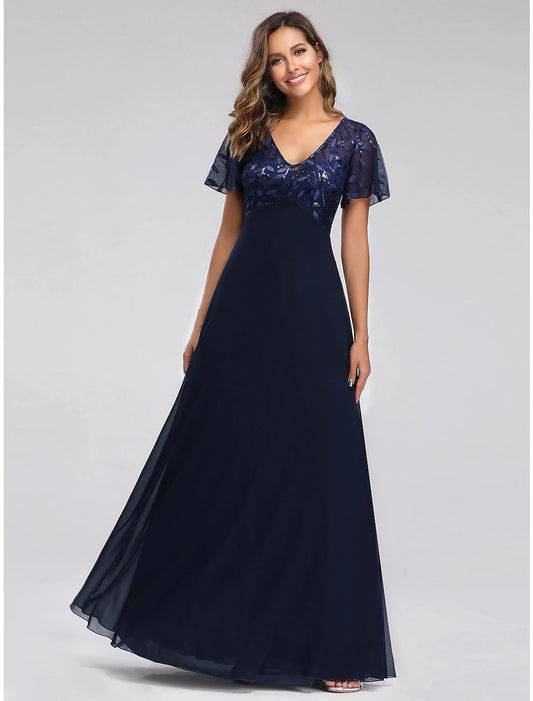 Weitese A-Line Wedding Guest Dresses Elegant Dress Fall Floor Length Short Sleeve V Neck Bridesmaid Dress Tulle with Sequin Appliques