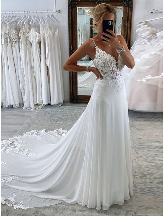 Weitese Reception Formal Wedding Dresses A-Line Camisole Sleeveless Court Train Chiffon Bridal Suits Bridal Gowns With Appliques