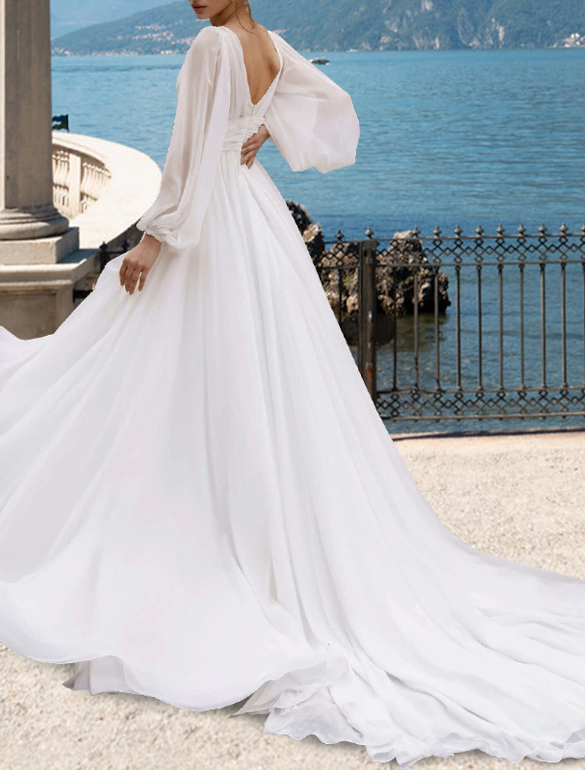 Beach Sexy Wedding Dresses A-Line V Neck Long Sleeve Court Train Chiffon Bridal Gowns