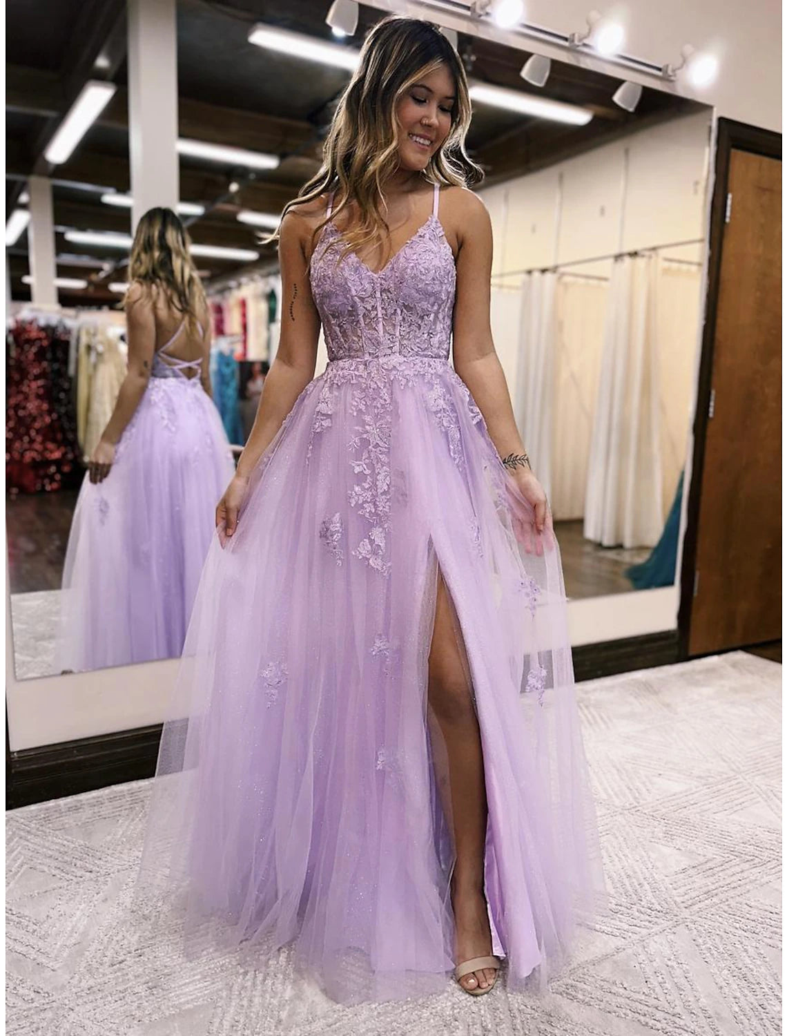 Weitese A-Line Evening Gown Open Back Dress Formal Prom Floor Length Sleeveless V Neck Tulle Backless with Beading Slit Appliques