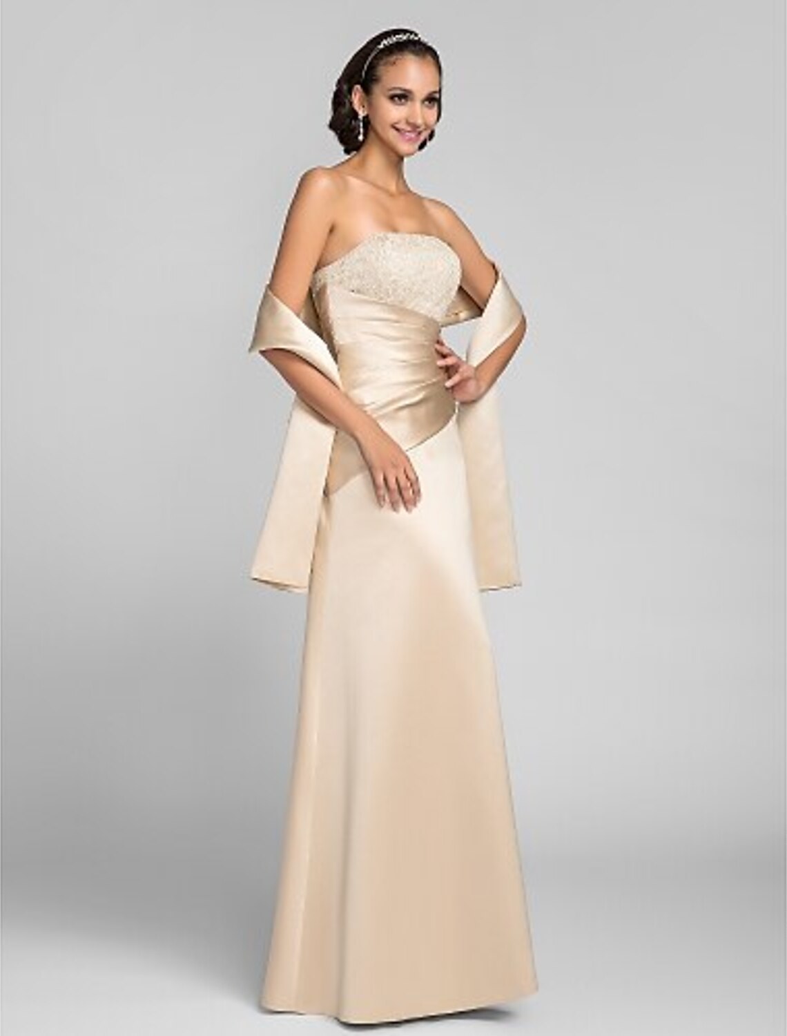 Weitese Sheath / Column Open Back Dress Formal Evening Floor Length Sleeveless Strapless Satin with Lace Beading Side Draping