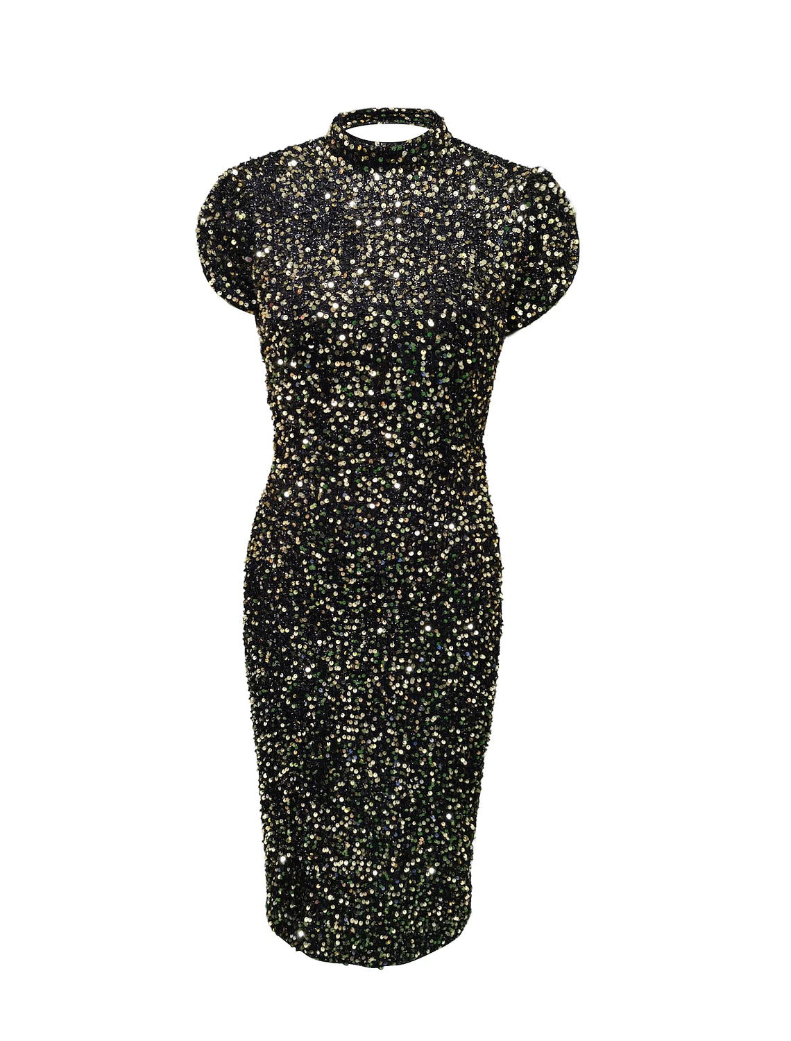 Women Sequin Dress Party Dress Sparkly Dress Homecoming Dress Bodycon Midi Dress Black Short Sleeve Fall Spring Summer Stand Collar Office Black Cocktail Dress