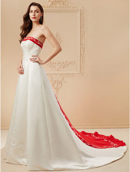 Weitese Open Back Wedding Dresses Sweep / Brush Train Ball Gown Strapless Strapless Satin With Embroidery Appliques