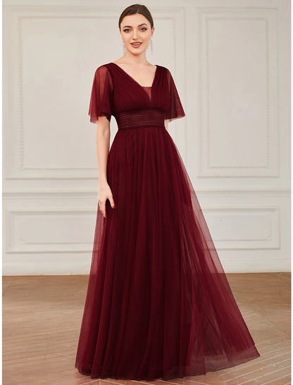 Weitese A-Line Bridesmaid Dress V Neck Short Sleeve Plus Size Floor Length Tulle with Ruffles