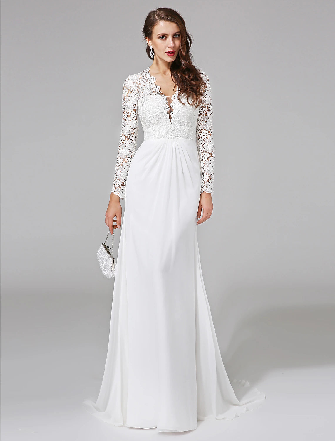 Weitese Beach Royal Style Boho Wedding Dresses Sheath / Column Illusion Neck Long Sleeve Sweep / Brush Train Chiffon Bridal Gowns With Lace Button