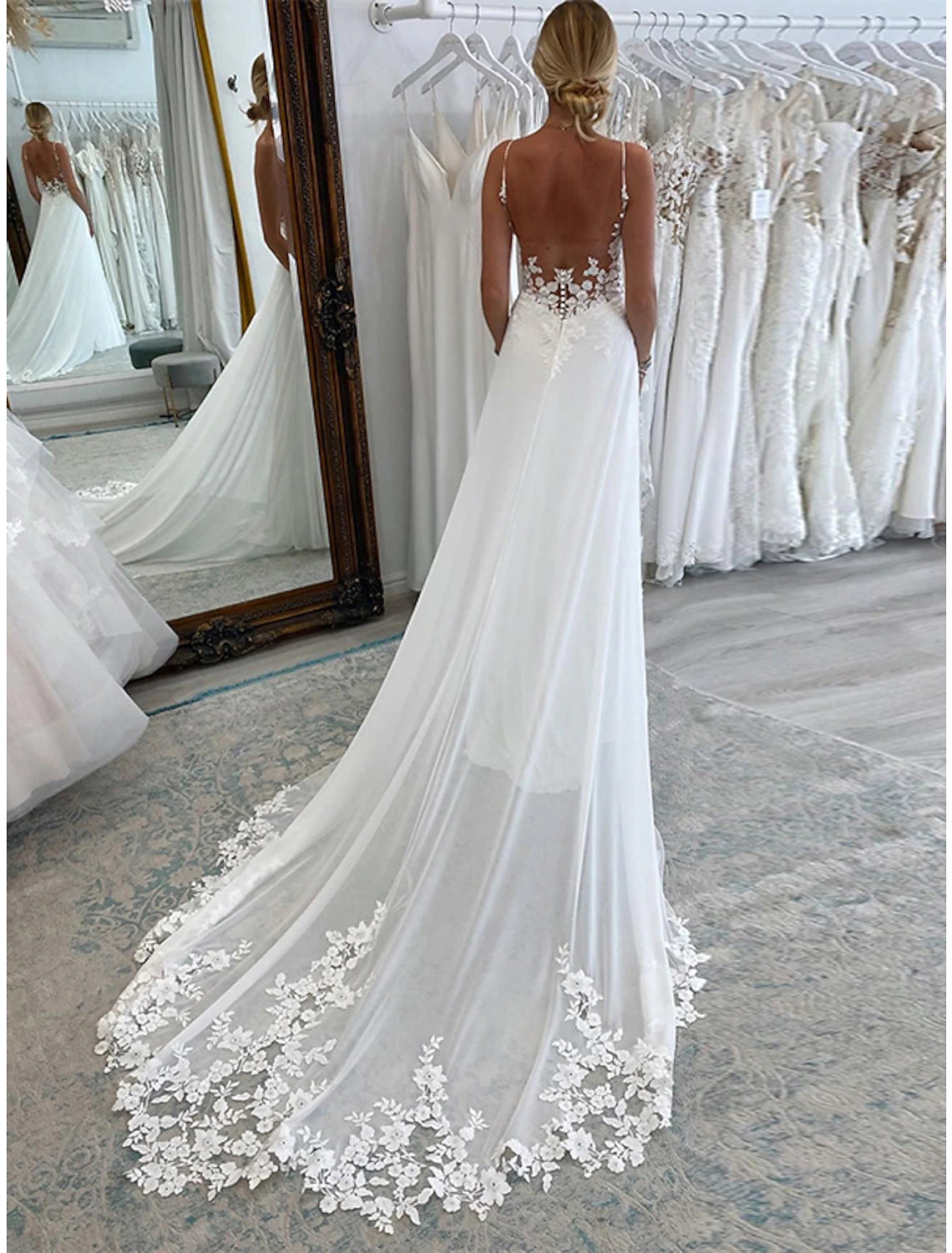 Weitese Reception Formal Wedding Dresses A-Line Camisole Sleeveless Court Train Chiffon Bridal Suits Bridal Gowns With Appliques