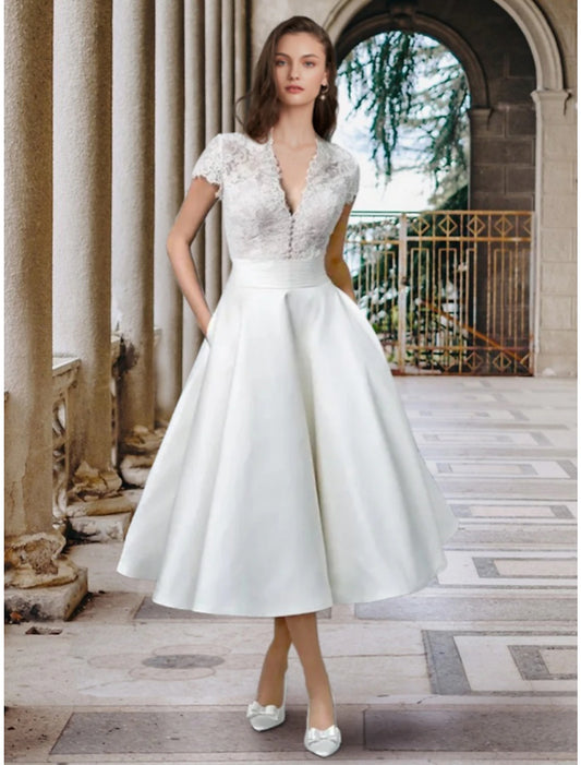 Weitese Hall Simple Wedding Dresses Wedding Dresses A-Line Scoop Neck Sleeveless Tea Length Satin Bridal Gowns With Pleats Solid Color