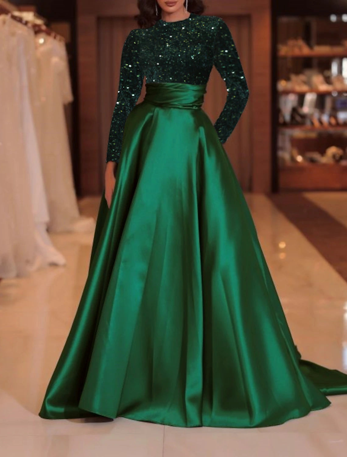 A-Line Evening Gown Sparkle Red Green Dress Formal Cocktail Party Court Train Long Sleeve High Neck Fall Wedding Guest Satin