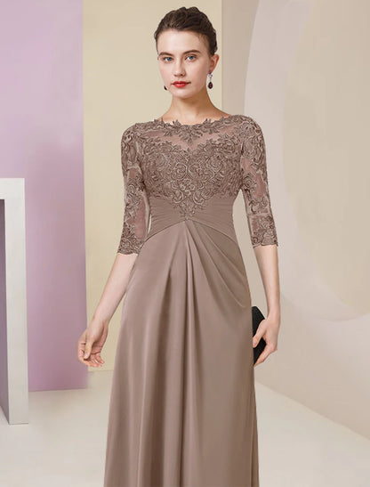 Sheath / Column Mother of the Bride Dress Elegant Simple Jewel Neck Floor Length Chiffon Lace Half Sleeve