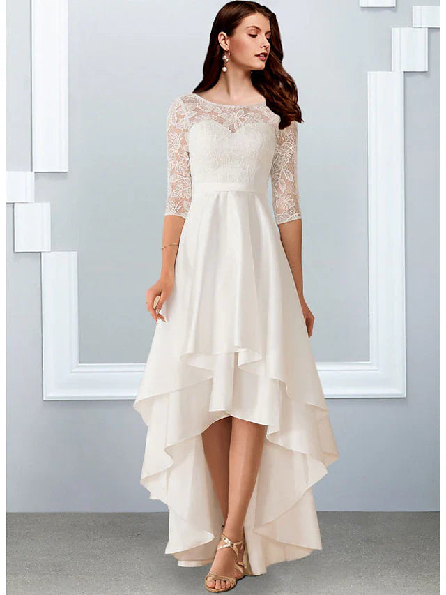 Bachelorette Party Little White Dresses Wedding Dresses Asymmetrical A-Line Half Sleeve Illusion Neck Chiffon