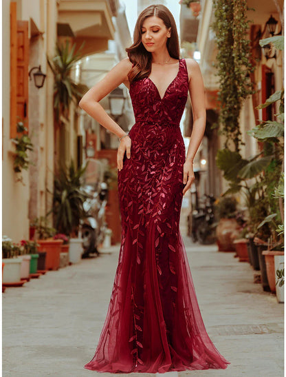 Evening Valentine's Day Dress V Neck V Back Sleeveless Floor Length Tulle with Sequin Appliques