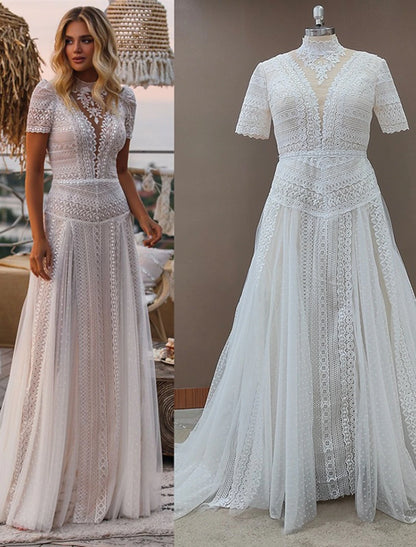 Beach Wedding Dresses A-Line Illusion Neck Short Sleeve Court Train Lace Bridal Gowns