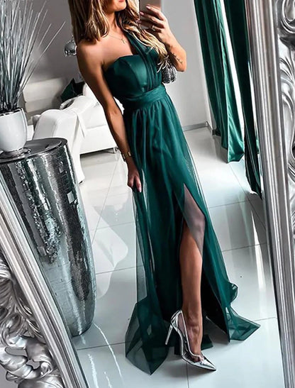 A-Line Evening Dress Wedding Guest Dresses Sexy Dress Wedding Guest Prom Sweep / Brush Train Sleeveless One Shoulder Polyester