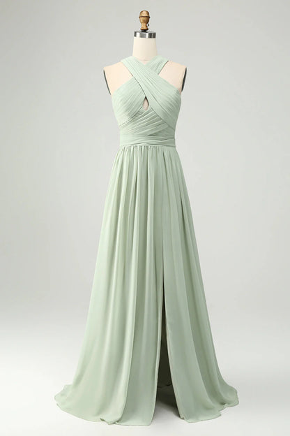 A Line Halter Chiffon Pleated Long Bridesmaid Dress With Slit