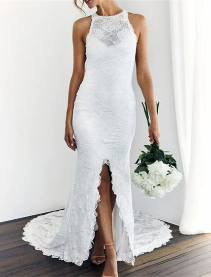 Beach Open Back Boho Wedding Dresses Mermaid / Trumpet Halter Neck Sleeveless Chapel Train Lace Bridal Gowns