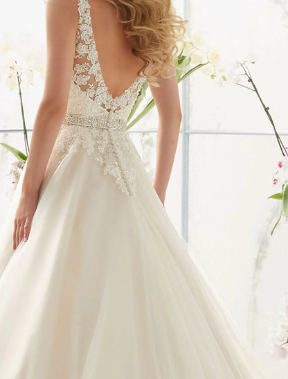 Weitese Engagement Open Back Sexy Formal Wedding Dresses A-Line V Neck Sleeveless Court Train Lace Bridal Gowns