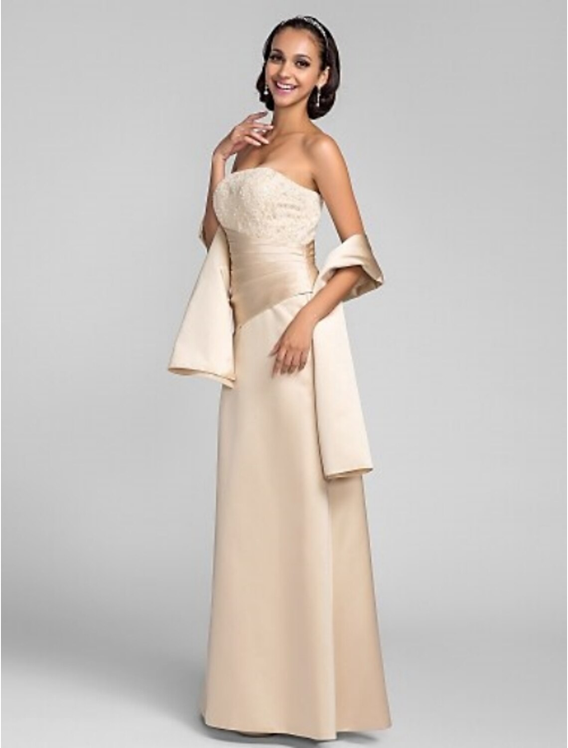 Weitese Sheath / Column Open Back Dress Formal Evening Floor Length Sleeveless Strapless Satin with Lace Beading Side Draping