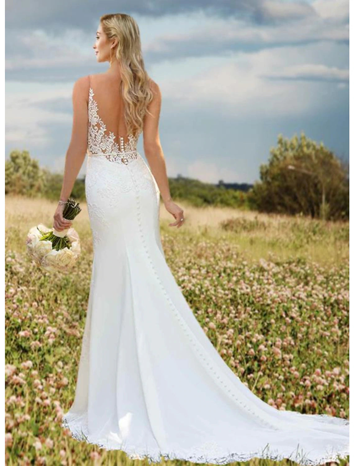 Weitese Engagement Open Back Sexy Formal Wedding Dresses Mermaid / Trumpet V Neck Sleeveless Court Train Lace Bridal Gowns With Appliques