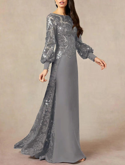 A-Line Mother of the Bride Dress Formal Wedding Guest Elegant Jewel Neck Floor Length Chiffon Sequined Long Sleeve