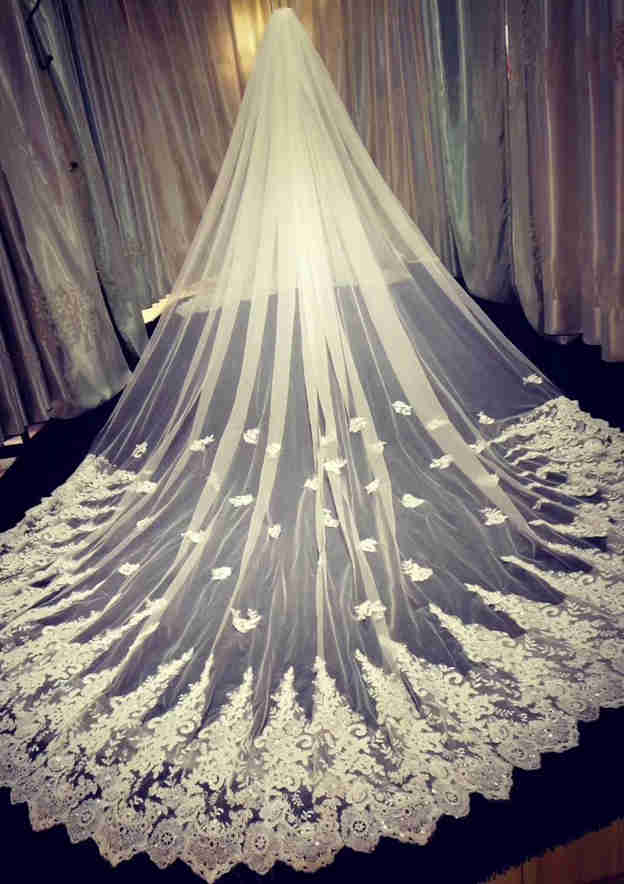 One-tier Cathedral Bridal Veils With Applique Lace Sequin