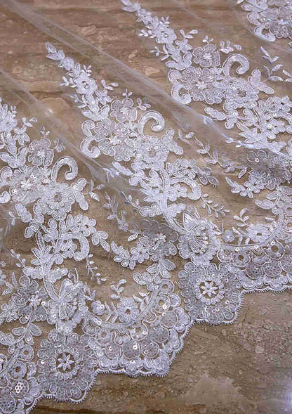 One-tier Cathedral Bridal Veils With Applique Lace Sequin