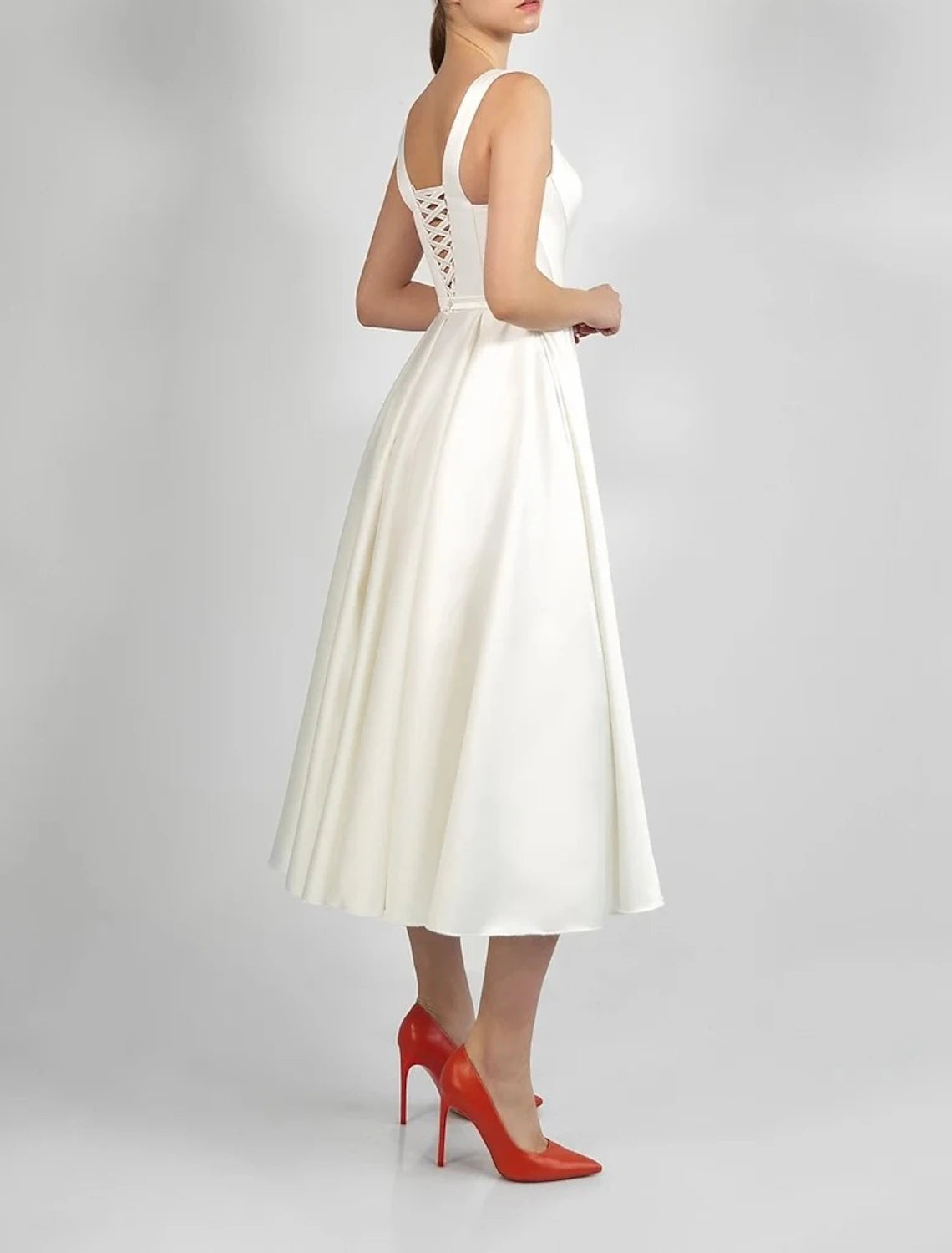 Hall Little White Dresses Wedding Dresses A-Line Scoop Neck Sleeveless Tea Length Satin Bridal Gowns