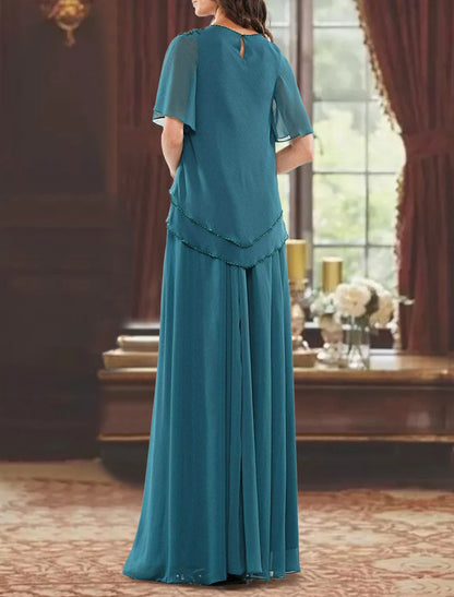 A-Line Mother of the Bride Dress Formal Wedding Guest Elegant Jewel Neck Floor Length Chiffon Short Sleeve