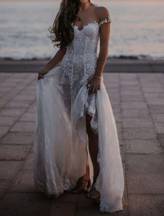 Beach Open Back Boho Wedding Dresses A-Line Off Shoulder Cap Sleeve Court Train Lace Bridal Gowns