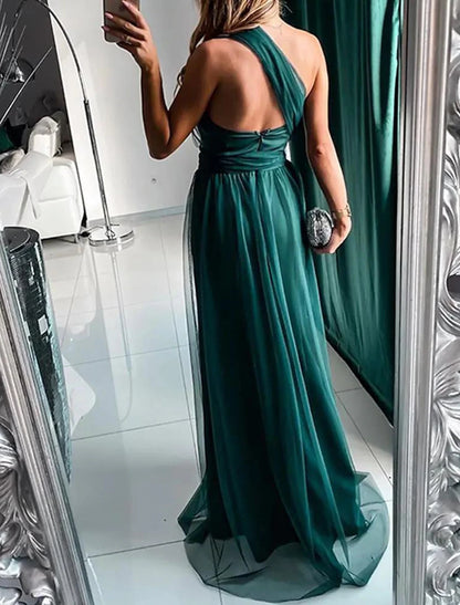 A-Line Evening Dress Wedding Guest Dresses Sexy Dress Wedding Guest Prom Sweep / Brush Train Sleeveless One Shoulder Polyester