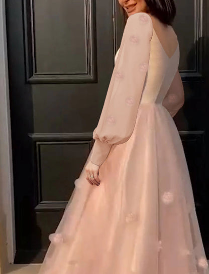 A-Line Evening Dresses Maxi Dress Wedding Guest Sweet 16 Floor Length Long Sleeve Scoop Neck Tulle