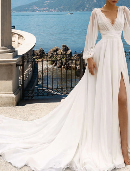 Beach Sexy Wedding Dresses A-Line V Neck Long Sleeve Court Train Chiffon Bridal Gowns