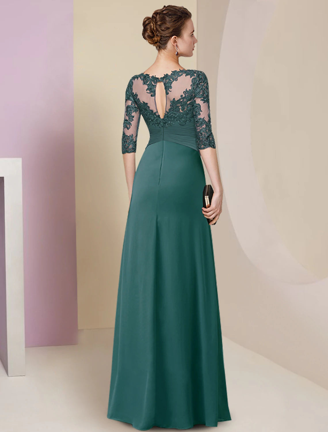 Sheath / Column Mother of the Bride Dress Elegant Simple Jewel Neck Floor Length Chiffon Lace Half Sleeve