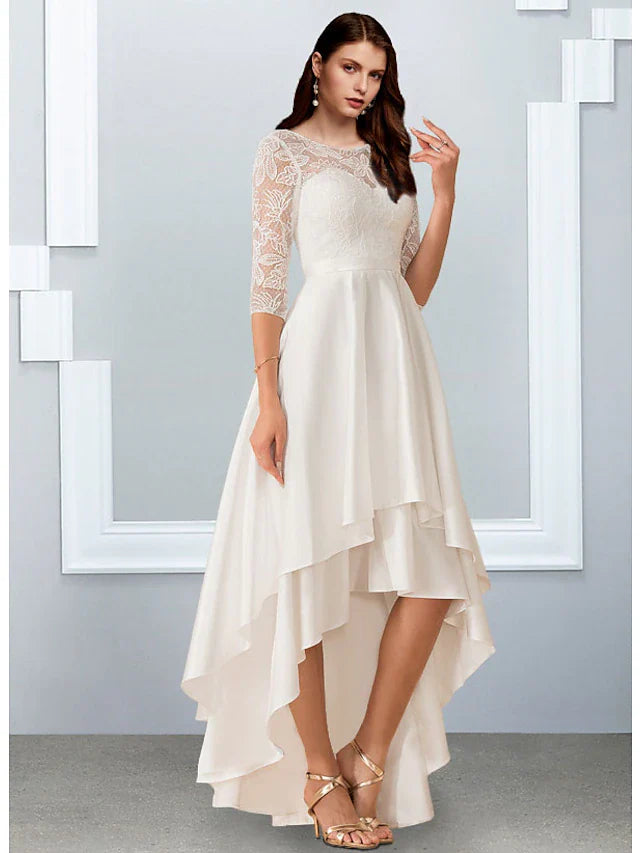 Bachelorette Party Little White Dresses Wedding Dresses Asymmetrical A-Line Half Sleeve Illusion Neck Chiffon