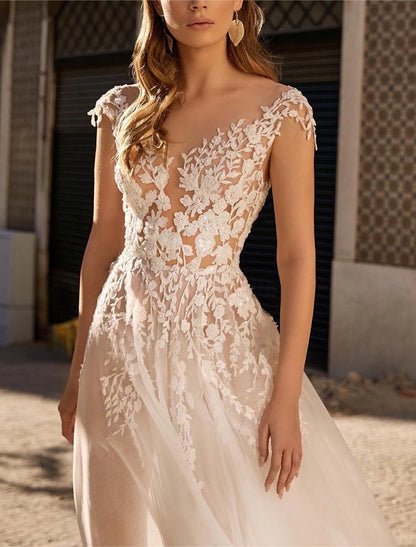 Beach Boho Wedding Dresses A-Line Boat Neck Sleeveless Floor Length Organza Bridal Gowns